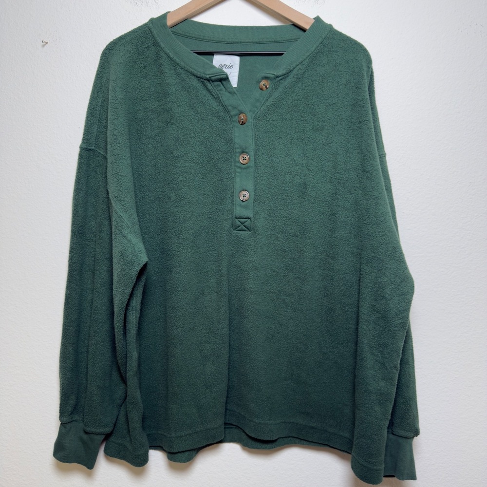 Aerie Women‎ Sherpa Henley Sweater XL Oversized Fleece Sweatshirt Green Lounge